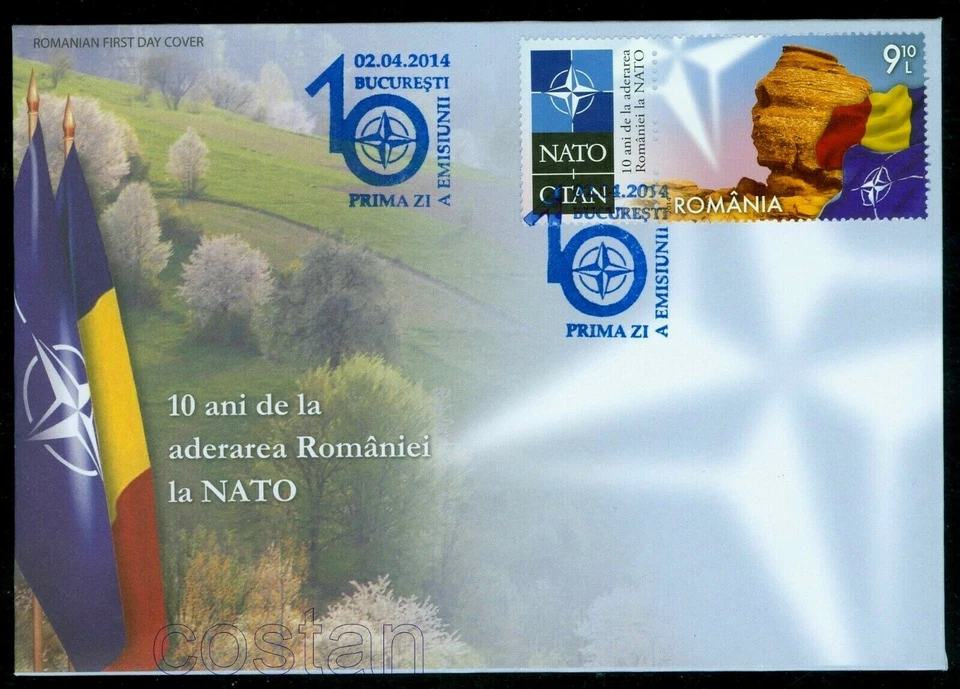 2014 NATO-10 Years,OTAN,Romanian Sphynx,Trees,Mountains,Flags,Romania,M.6807,FDC - Image 1 of 1