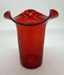 Vintage Red Orange Crackle Glass Vase 5.5" Hand Blown w/Ruffled Top EUC - Picture 1 of 13