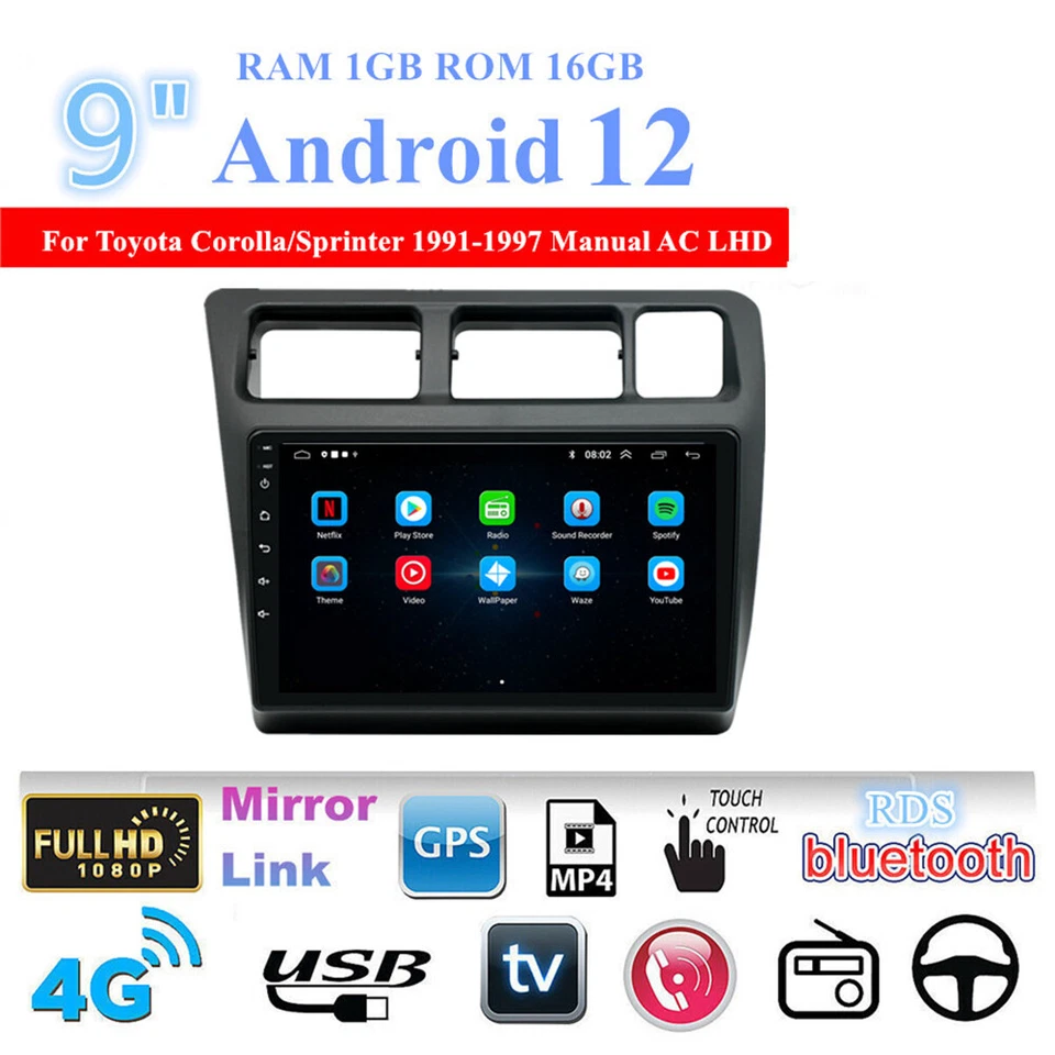 9''Android 12 1+16G Car Stereo Radio GPS For Toyota Corolla/Sprinter 1991-97 LHD - Imagem 1 de 4
