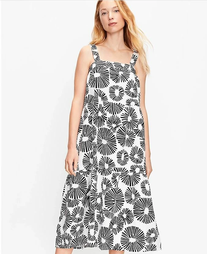 Ann Taylor LOFT Black White Firework Tiered Square Neck Midi Swing Dress SP