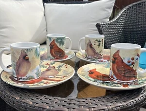 Cardinal's In Winter Decorative 8" Plate Set Of 4 With Mugs By Old World China - Picture 1 of 6