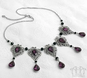 Gothic Dark Purple Black CRYSTAL FILIGREE NECKLACE Victorian Silver Rhinestone - Picture 1 of 3