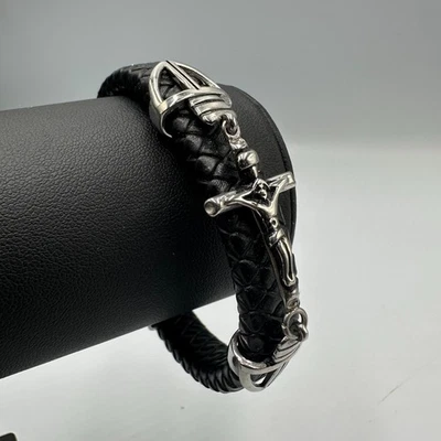 Pulsera Cruz Hombre Cuero Trenzado Negro Tono Plata Religioso Estilo Motociclista 8" Foto 1 de 4