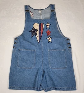 Haiks Vintage American Heart Denim Short Overalls Size 20W EUC Patriotic Summer - Picture 1 of 10