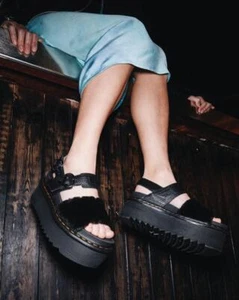 Dr. Martens Voss Quad Fluffy Faux Fur Black Heart Platform Sandals UK 4 - UK 8 - Picture 1 of 8