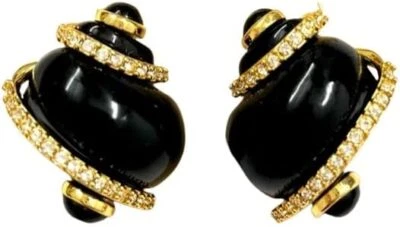 Kenneth Jay Lane, Black Enamel & Black Cabochon Tip,  Crystal Swirl Pierced  ... - Image 1 of 4