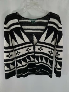 Ralph Lauren Women's Cardigan Sevilla Aztec Black White Hand Knitted Cotton PS - Picture 1 of 5