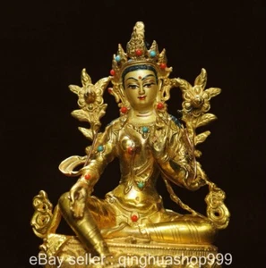 6" Old Tibet Buddhism Marked Copper Gilt Sit Lotus Green Tara Goddess Sculpture - Picture 1 of 8