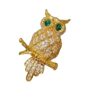 Gold tone Owl Brooch with Clear Crystals & Green Eyes - Picture 1 of 3