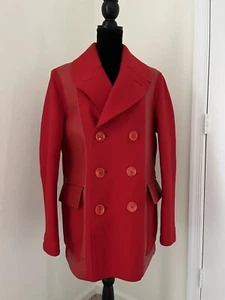 Burberry Herren Rot Wollmischung Leder Langarm Zweireiher Erbsenmantel Gr. 46 - Bild 1 von 15