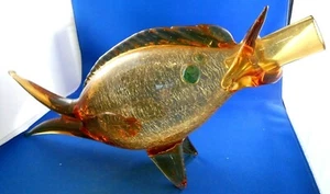 Mid Century Murano Art Crackle Glass Yellow Large 15" Fish Decanter Vase Bottle  - Picture 1 of 6