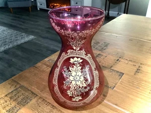 VINTAGE RUBINROTE MURANO VENEZIANISCHE MUNDGEBLASENE GLAS GOLD VERGOLDUNG BLUMENVASE 6" - Bild 1 von 17
