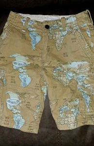 Abercrombie Kids Boys Cargo Shorts World Map Print Beige Cotton Heavyweight 12 - Picture 1 of 7