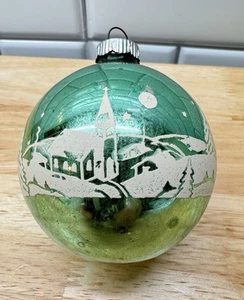 Vintage Shiny Brite Stille Nacht Kirche Grün Schablone Glas Weihnachtsschmuck - Bild 1 von 6