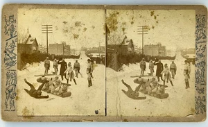 SV027_090 Stereoview PA Pittsburgh Snowball Fight on Toboggans - Picture 1 of 2