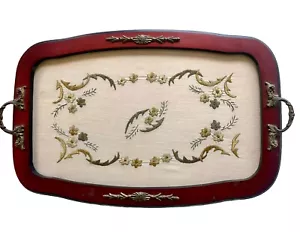 Vintage Holztablett Handstickerei Einsatz goldene Fäden Waschtisch Serviermessing - Bild 1 von 12