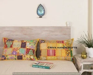 Indien Vintage Patchwork Throw Cotton Kantha Decorative Yellow Sofa Pillow Case - Picture 1 of 4