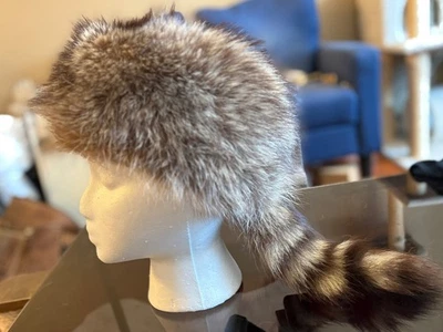 儿童 Davey Crockett 帽子真浣熊毛皮带尾部 Daniel Boone 自然尺寸 20.5 — 第 1/4 张图片