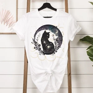 NEW Celestial Floral Cat Tee, Moon T-Shirt, Witchy, Cosmic, Kitty v.17 - Picture 1 of 10