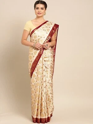 Kanjivaram Sari de Seda Beige Fiesta Diseñador Indio Sari con Pieza Blusa Foto 1 de 4