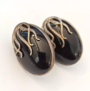 Vintage Silver Earrings Black Stone Art Nouveau Revival Whiplash Modernist 925 - Picture 1 of 13