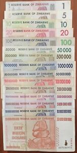 Lot 15 billets ZIMBABWE de 1 à 50.000.000.000 dollars - 50 milliards / billion