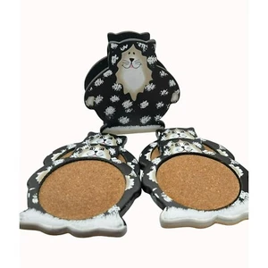 Set Of 4 Kitty Cat Coasters Hand Painted with Carrier Cork Center Black & White - Picture 1 of 9