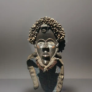 Antique African Mask Dan Tribal Liberia Wood w/Cowrie Shells Straps Wall Art 13” - Picture 1 of 23
