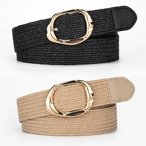 Cinturón de paja elástico con hebilla de aleación para mujer informal trenzado cintura ancha tejida EE. UU. - Imagen 1 de 19
