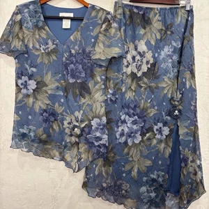 Vintage Miss Dorby Floral Sheer Overlay Top Skirt Set 12 Blue 2 Pc Set Fairy EUC - Picture 1 of 22
