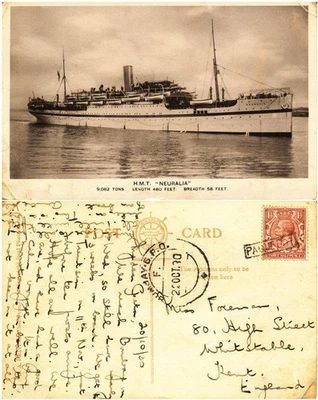 Postal Paquebot HMT NEURALIA India Británica Vapor 1930 correo marítimo GPO Bombay Foto 1 de 3