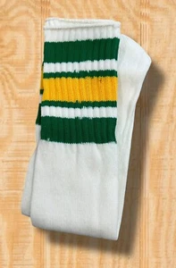 VINTAGE 80s NOS 1 PAIR HIGH HI STRIPED TUBE SOCKS WHITE GREEN YELLOW TEAM COLORS - Picture 1 of 4