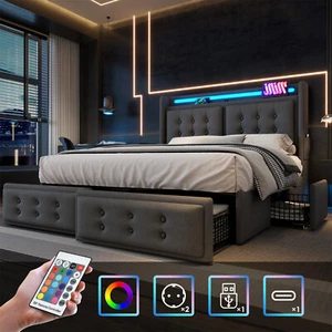 Polsterbett LED Doppelbett 140x200cm Bett mit Ladefunktion und 4 Schubladen Grau - Bild 1 von 10