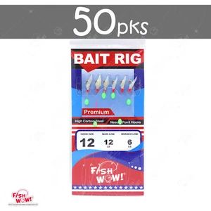 50pks Size 12 Fish WOW! Sabiki Bait Rig Premium Piscatore 6 Gold Hooks Fish Skin - Picture 1 of 3