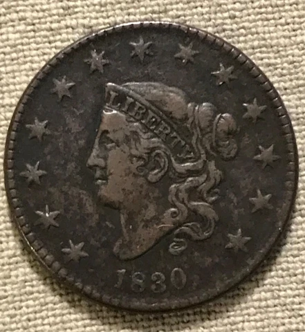 1830  large cent , Large letters reverse  , VF Cover