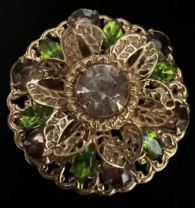 Vtg Lg Center Amethyst Peridot PurpleAccents Goldtone Floral Round Cutout Brooch - Picture 1 of 3