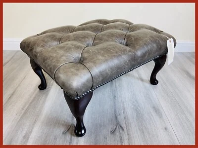 Chesterfield Buttoned Queen Anne Dark Grey Genuine Leather Footstool - Image 1 of 4