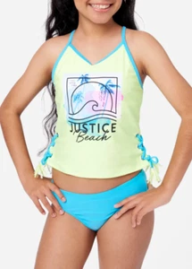 JUSTICE Girls Swimsuit Tankini Bikini Swim PLUS SIZE 12 14 16 18 L XL lace up - Picture 1 of 5