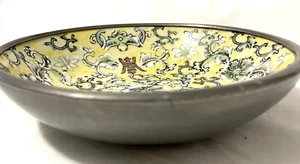 Japanese Porcelain Ware ~ YELLOW Decorative FLORAL Bowl ~ PEWTER ENCASED 5-3/4" - Picture 1 of 7