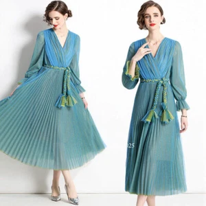Ladies Hellenic Sexy Chiffon V Neck Puff Sleeve Pleated Maxi Dress Mesh Fairy - Picture 1 of 16