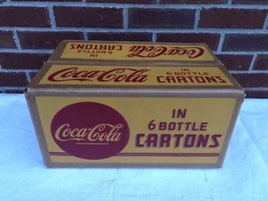 Antique 1940s Coca Cola Heavy Cardboard Box Crate Case Yellow 6 Bottle Cartons - Picture 1 of 9