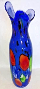 Vintage 16 1/2" Art Glass Blue Red Green Gold Sparkle Stretch Cased Vase LQQK - Bild 1 von 7