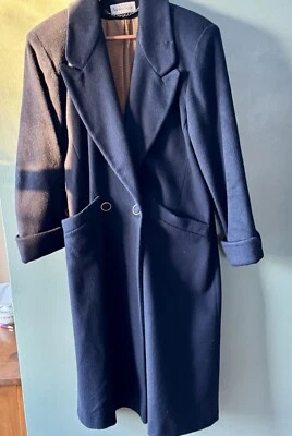 Abrigo Ashley Scott 100% Lana Maxi Largo Guisante Trench Jacket Azul Marino De Colección PS/M Foto 1 de 4