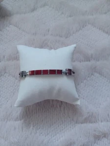 Vintage Sterling Silver Mexico Fine 950 Red Stone Inlay Hinged Bangle Bracelet - Picture 1 of 7