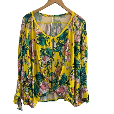 Free People Keeping On Amarillo Floral Manga Corbata Twist Mujer’s Talla Grande Boho Foto 1 de 4