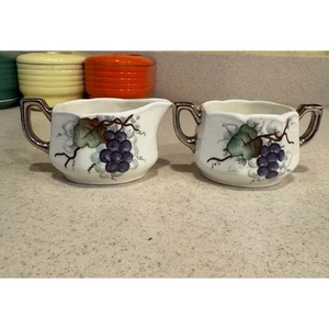 Vintage Ceramic creamer and sugar grape and grape leaves silver painted handles - Picture 1 of 10