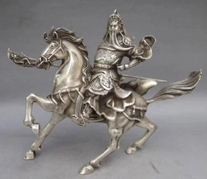Chinese old Tibet Silver Hand Carved Warrior God Guan Yu & Horse Statue 20361 - Picture 1 of 8