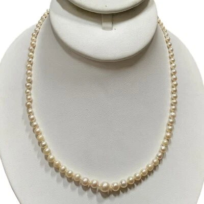 Vintage Cultured Pearl 10k Gold Clasp Choker Necklace Graduated Hand Knotted 16” - Image 1 of 4