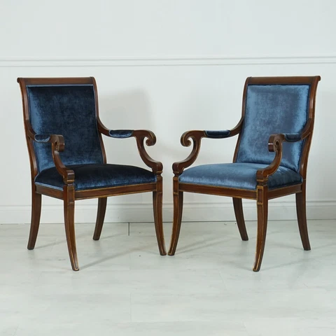 Pair of Mahogany Regency style Arm Chairs Hand Made Blue Velvet fabric Gold Leaf Cover