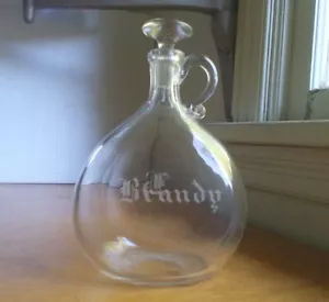 1870s BRANDY CUT ENGRAVED CHESTNUT FLASK APPLIED HANDLE GROUND PONTIL W/STOPPER - Picture 1 of 8